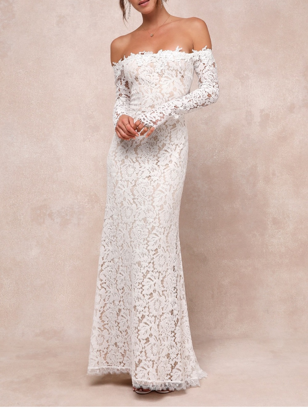 Lulu's White Off-Shoulder Lace Maxi Gown